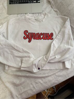 Syracuse Champion White Crewneck Sweatshirt with Red and Navy Script